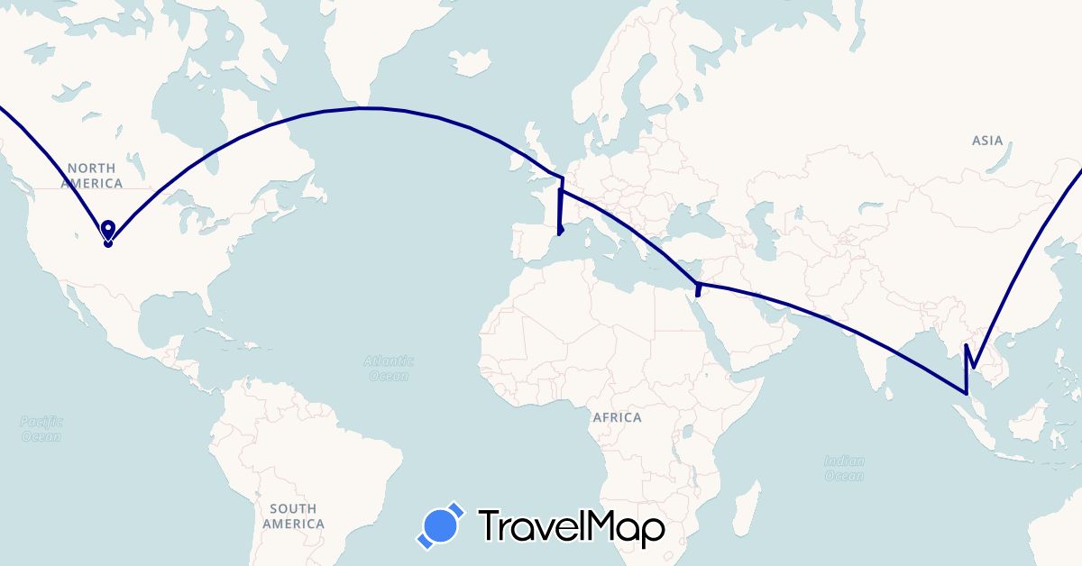 TravelMap itinerary: driving in Spain, France, United Kingdom, Israel, Jordan, Thailand, United States (Asia, Europe, North America)